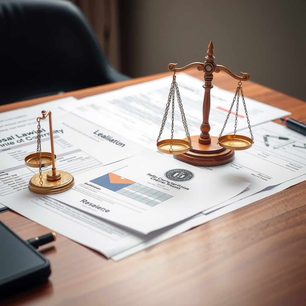 Professional legal documents spread on a desk with scales of justice, representing debt recovery through legal channels and negotiation tactics