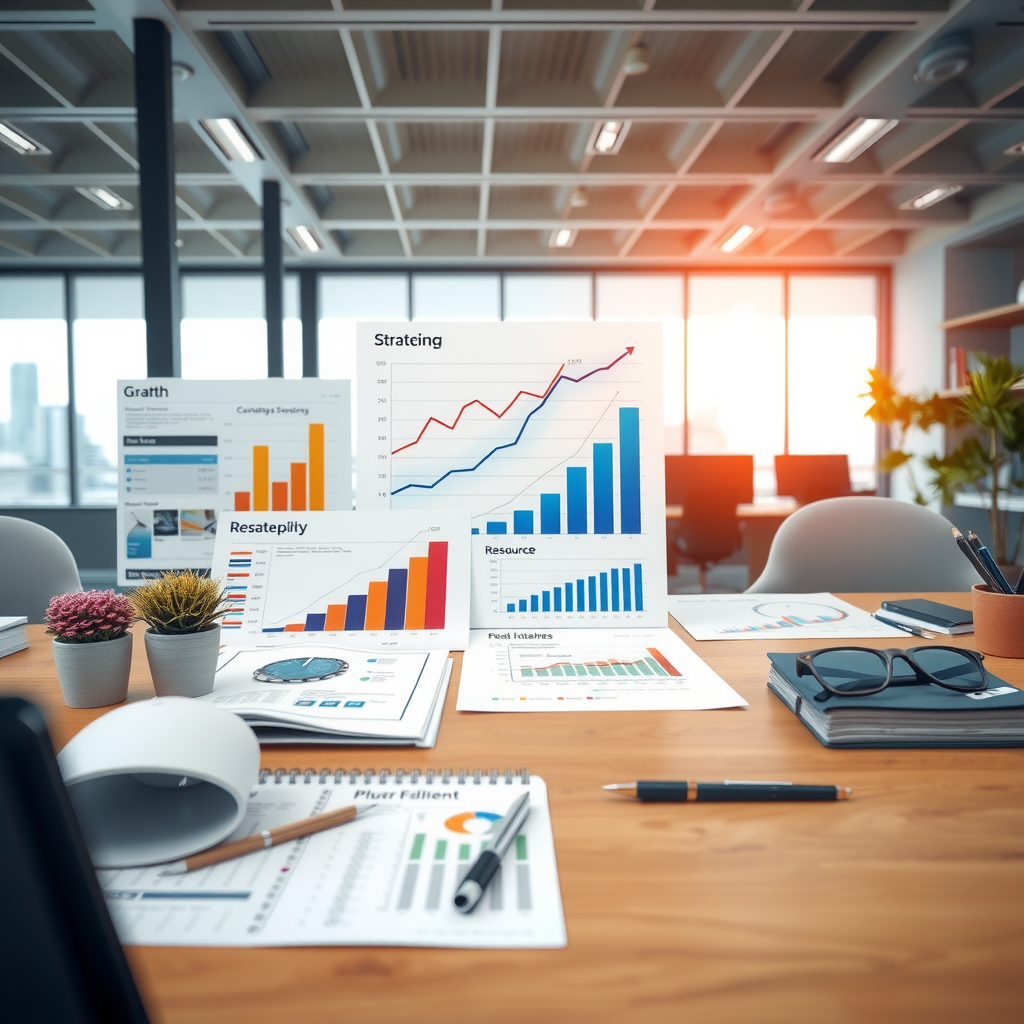 Modern business office with growth charts and strategic planning documents showing capital restructuring and resource optimization for enterprise revitalization